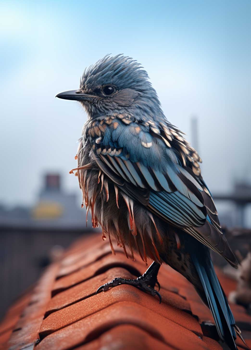 bird on clay tile roof