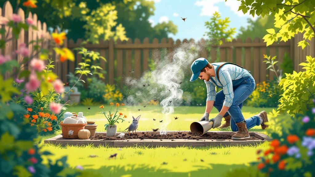 A step-by-step illustration of a person setting up a pest trap in a garden, showing each stage clearly.