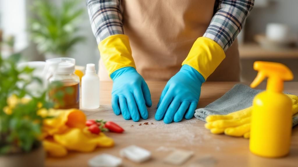 A person preparing a DIY pest control kit with gloves, natural sprays, and traps, set on a wooden table.