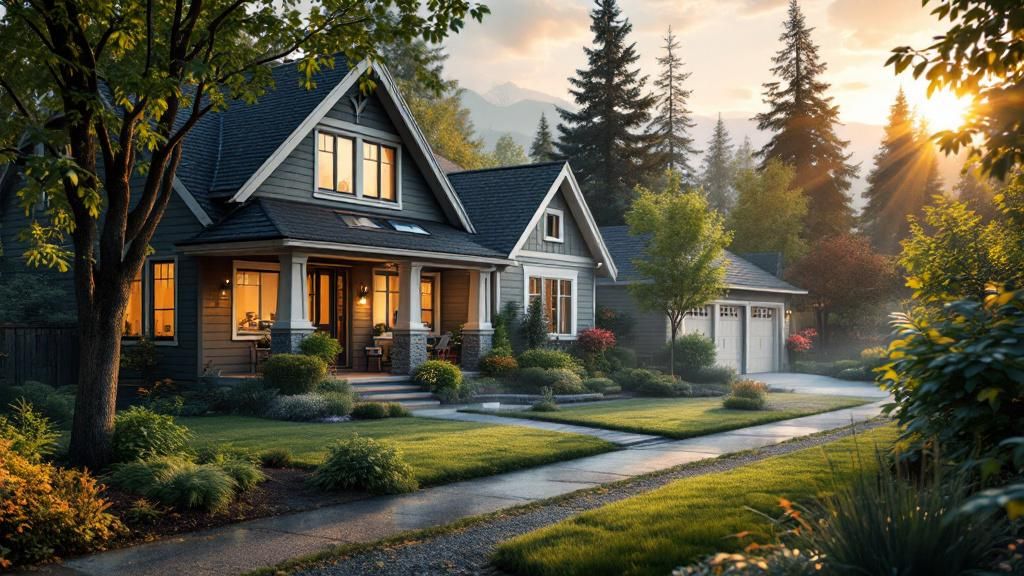 Visionary scene depicting an Oregon neighborhood in the future, with advanced pest control measures visibly integrated into homes.