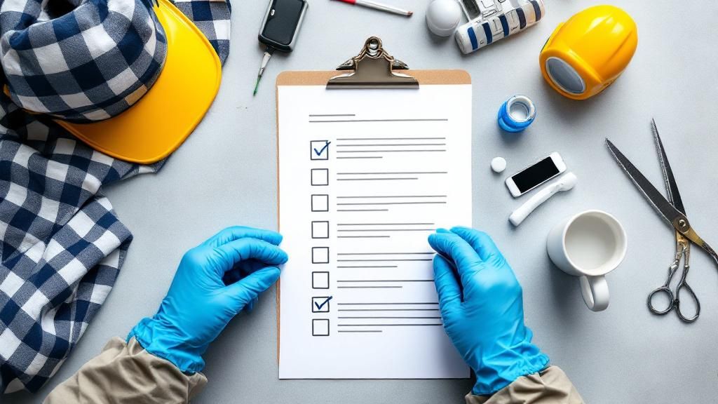 A detailed checklist with pest control tools, safety gear, and a plan layout for a business setting.