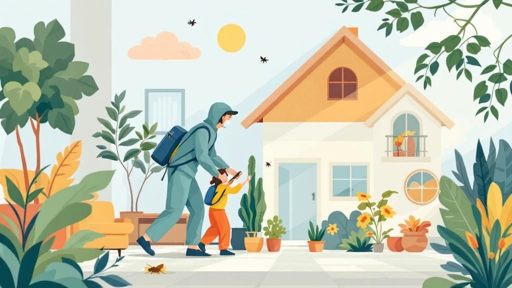 A step-by-step guide illustration showing practical pest control methods for reducing health risks in homes.