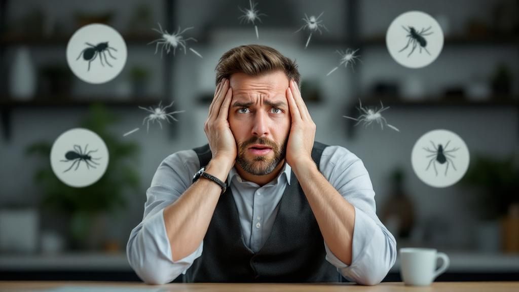 A business owner looking frustrated with pest issues, with solutions and troubleshooting steps displayed around them.