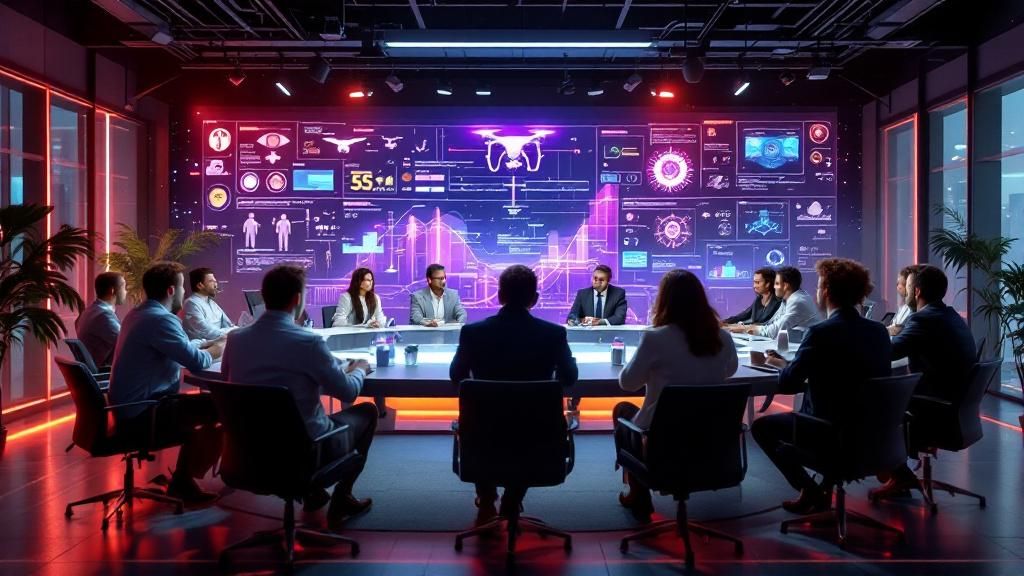 A roundtable of diverse experts discussing future pest control trends, with futuristic technology like drones and AI depicted in the background.