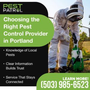 A pest control technician in a full white protective suit, including a hood with a face shield, holds a spray tank and hose while standing in a grassy yard.