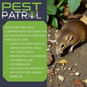 Pest Patrol logo next to an image of a rat, with text detailing comprehensive rat control services in Portland, including thorough inspections to identify nesting areas, humane removal, and exclusion techniques.